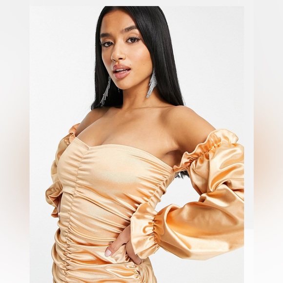 First Distraction The Label Petite bardot mini satin dress in carame - Picture 3 of 9